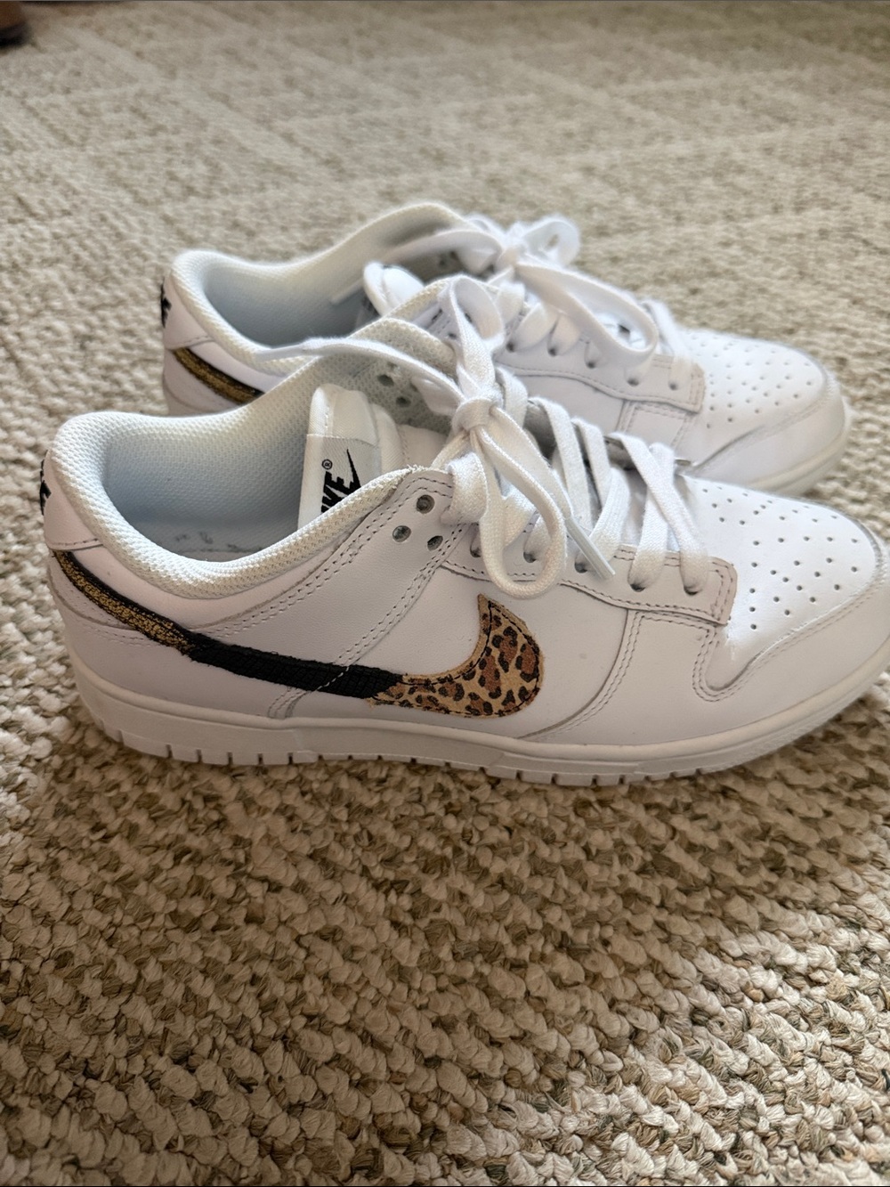 Nike DUNK women’s ' White Leather Sneakers with Leopard Swoosh